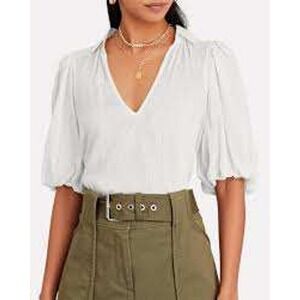 Intermix Petra Puff Sleeve Silk Blend Blouse Cream Ivory V Neck Top NWT Size XL